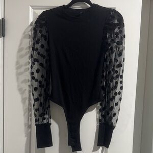 Black Bodysuit with Sheer Polka Dot Sleeves